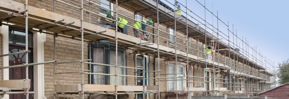 Stone terrace refurbishment with scaffolding and Emanuel Whittaker workforce